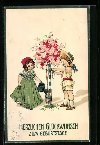 Künstler-Präge-AK Zwei kleine Gärtner giessen ein Rosenbäumchen