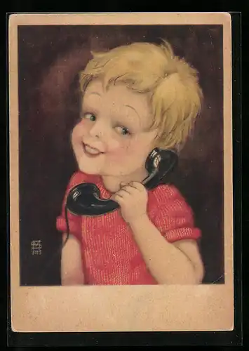 AK Kleines blondes Mädchen mit einem Telefon