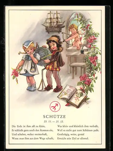 Künstler-AK Sternzeichen-Karte des Schützen, Kleiner Engel als Liebesbote