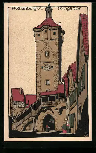 Steindruck-AK Rothenburg o. T., Ortspartie am Klingentor