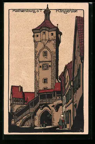 Steindruck-AK Rothenburg o. T., Ortspartie am Klingentor
