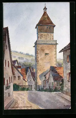 Künstler-AK Waiblingen, Ortsansicht mit dem Hochwachtturm
