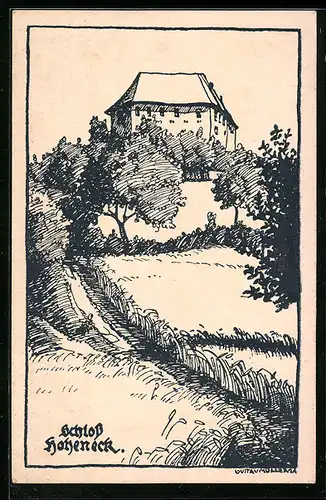 Künstler-AK Ipsheim, Bergschloss Hoheneck vom Aischgrund aus gesehen