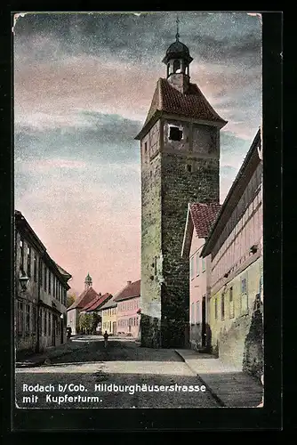 AK Rodach b. Cob., Hildburghäuserstrasse mit Kupferturm