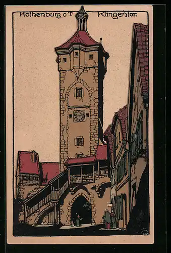 Steindruck-AK Rothenburg o. T., Sicht auf das Klingentor