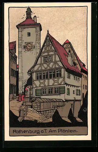 Steindruck-AK Rothenburg o. T., Am Plönlein