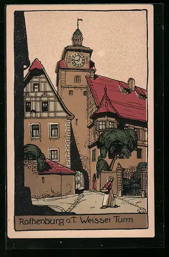 Steindruck-AK Rothenburg o. T., Weisser Turm