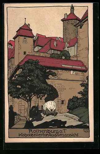 Steindruck-AK Rothenburg o. T., Kobolzellertor Aussenansicht