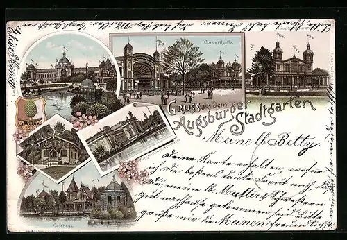 Lithographie Augsburg, Stadtgarten mit Concerthalle und Hauptrestauration