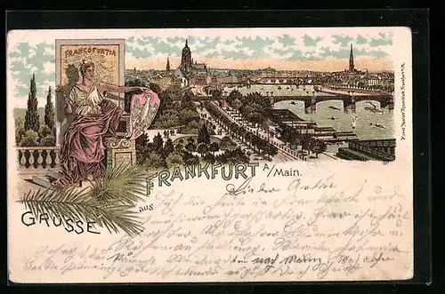 Lithographie Frankfurt a. M., Gesamtansicht und Francofurtia mit Wappenschild