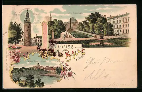 Lithographie Halle /Saale, Leipziger Turm, Alte Promenade, Ruine Giebichenstein