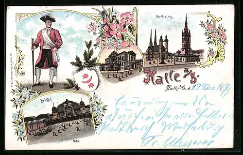 Lithographie Halle / Saale, Marktplatz, Bahnhof & Stadttheater