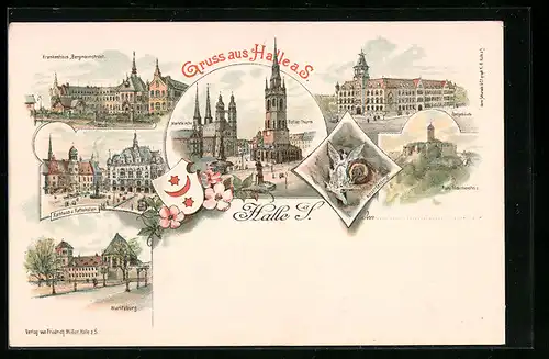 Lithographie Halle a. S., Rathaus und Rathskeller, Moritzburg