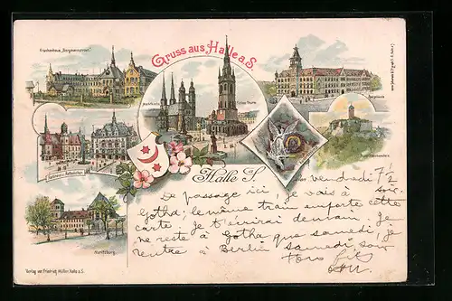 Lithographie Halle a. S., Rathaus und Rathskeller, Moritzburg