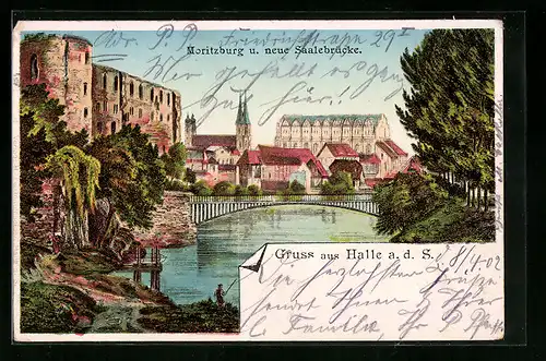 Lithographie Halle a. d. S., Moritzburg und neue Saalebrücke