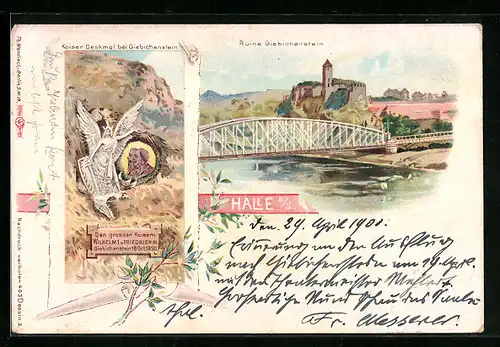 Lithographie Halle a. d. S., Ruine Giebichenstein, Kaiser Denkmal bei Giebichenstein