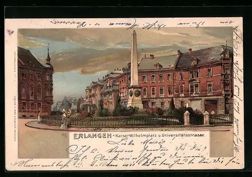 Lithographie Erlangen, Kaiser Wilhelmplatz und Universitätsstrasse