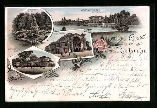 Lithographie Karlsruhe, Stadtgarten See, Nymphengruppe, Festhalle