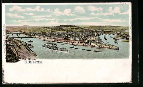 Lithographie Coblenz, Dampferpartie, Deutsches Eck