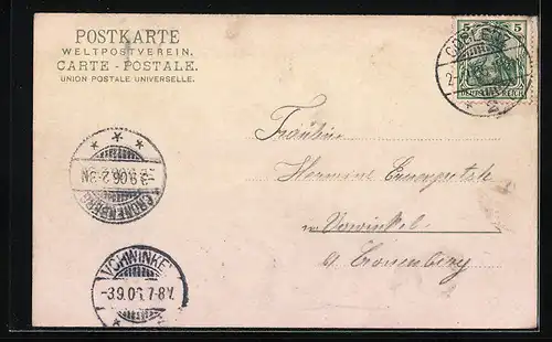 Lithographie Coblenz, Dampferpartie, Deutsches Eck