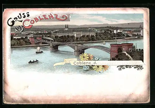 Lithographie Coblenz, Flusspartie mit Brücke