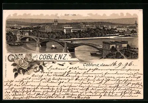 Lithographie Coblenz, Flusspartie mit Schloss