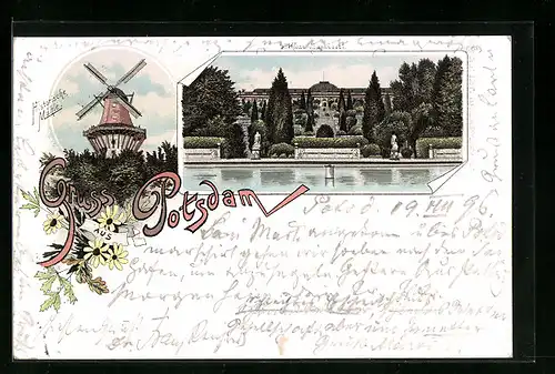 Lithographie Potsdam, Schloss Sanssouci, Historische Mühle