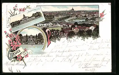 Lithographie Potsdam, Totalansicht aus der Vogelschau, Marmor-Palais, Sanssouci