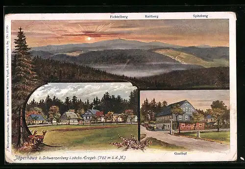 AK Schwarzenberg i. sächs. Erzgeb., Blick zum Jägerhaus, Blick auf Fichtelberg, Spitzberg und Keilberg, vor dem Gasthof