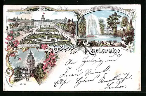 Lithographie Karlsruhe, Schlossthurm, Schloss, Schlossgartensee