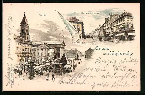 Lithographie Karlsruhe, Kaiserstrasse, Markt