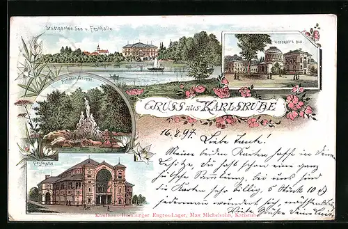 Lithographie Karlsruhe i. B., Stadtgarten und Festhalle, Vierordt`s Bad, Nymphenbrunnen