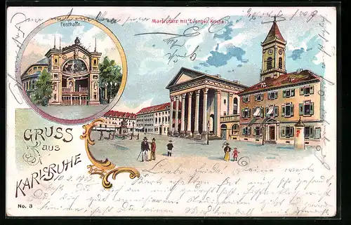 Lithographie Karlsruhe, Marktplatz mit Evangelischer Kirche, Festhalle