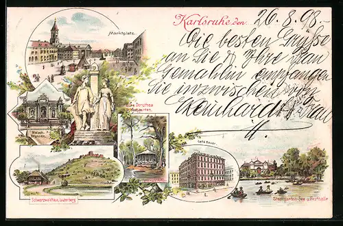 Lithographie Karlsruhe, Marktplatz, Café Bauer, Stadtgarten-See