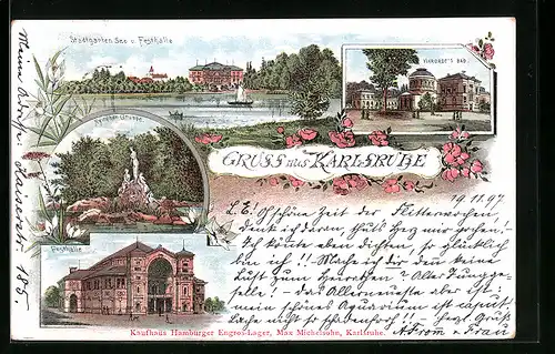 Lithographie Karlsruhe i. B., Stadtgarten und Festhalle, Vierordt`s Bad, Nymphenbrunnen