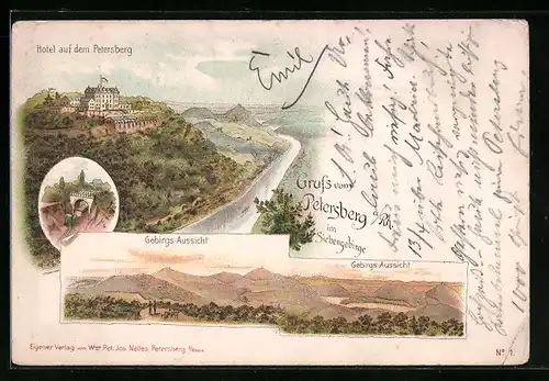Vorläufer-Lithographie Petersberg a. Rh., Panorama mit Hotel und Gebirgsaussicht 1893