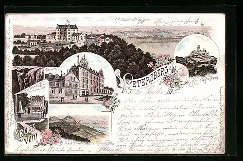 Vorläufer-Lithographie Petersberg a. Rh., Ruine Godesberg, Blick nach Drachenfels 1895