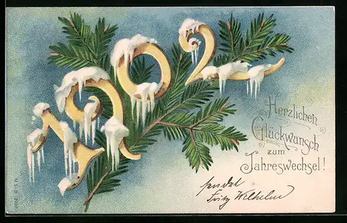 Lithographie Glückwunsch zum Jahreswechsel!, Jahreszahl 1902 und Tannengrün