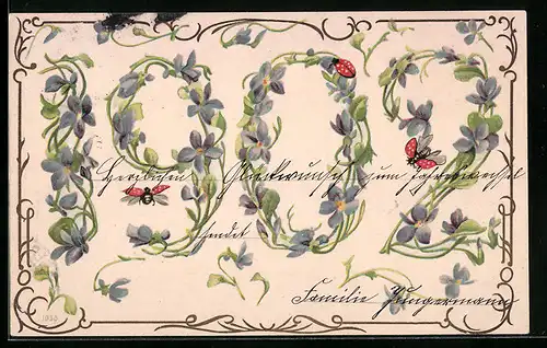 AK Jahreszahl 1902, Blumen und Marienkäfer