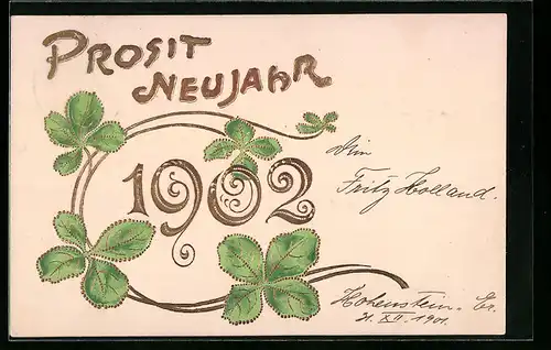 AK Jahreszahl 1902 mit Kleeblättern, Prosit Neujahr