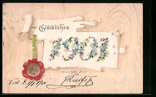AK Jahreszahl 1901 mit Blüten und Kleeblatt-Siegel