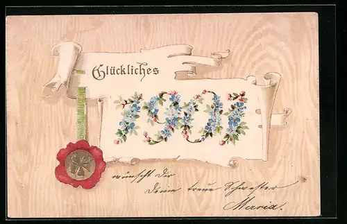 AK Neujahrsgruss, Jahreszahl 1901 aus Vergissmeinnicht, Siegel mit Kleeblatt