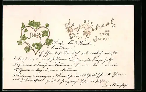 Lithographie Glückwunsch zum neuen Jahre!, Jahreszahl 1902, Efeuranken