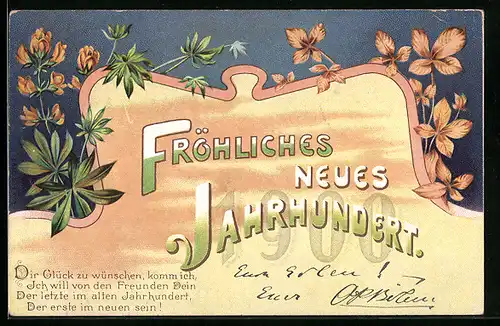 Lithographie Jahreszahl 1900 mit Pflanzen