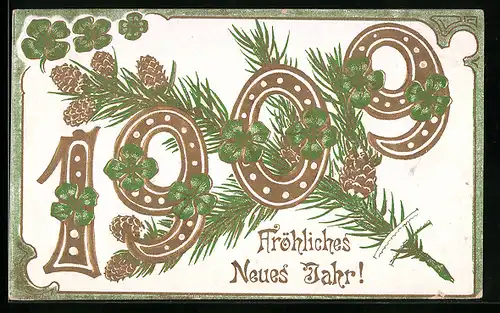 AK Fröhliches neues Jahr, Jahreszahl 1909 und Klee