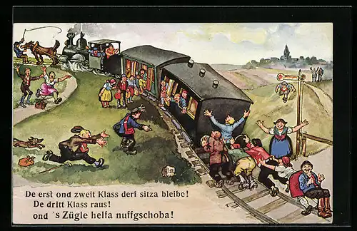 Künstler-AK Hans Boettcher: Die dritte Klasse muss den Zug heraufschieben, Erste und Zweite bleibt sitzen