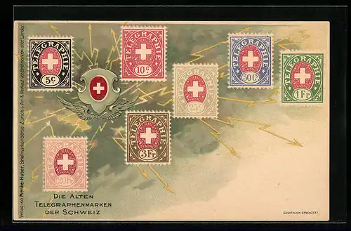 AK Briefmarkenkarte, Die alten Telegraphenmarken der Schweiz