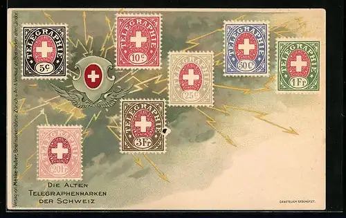 AK Briefmarkenkarte, Die alten Telegraphenmarken der Schweiz