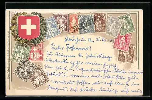 Präge-AK Briefmarken der Schweiz mit der Helvetia