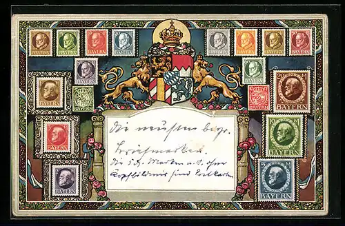 AK Briefmarkenkarte, Bayerische Briefmarken und Wappen